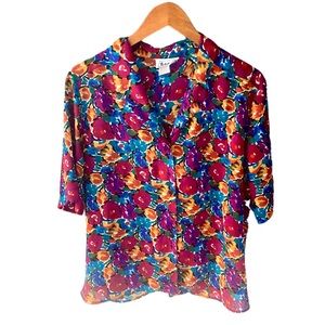 Vintage 80s Notations Short Sleeve Floral Button Up Blouse